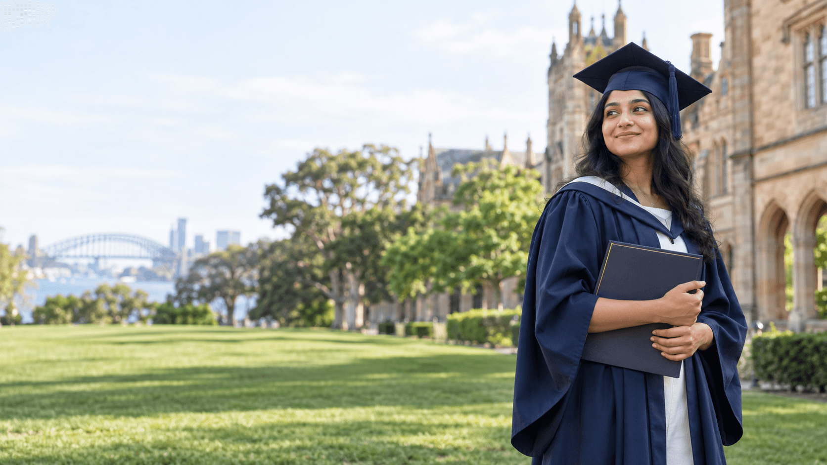 A happy international student celebrating her graduation on a Sydney university campus