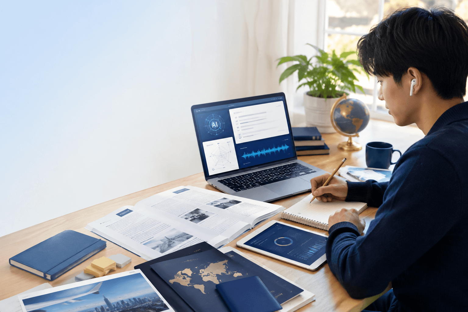 Student preparing for IELTS with AI-assisted writing and listening feedback